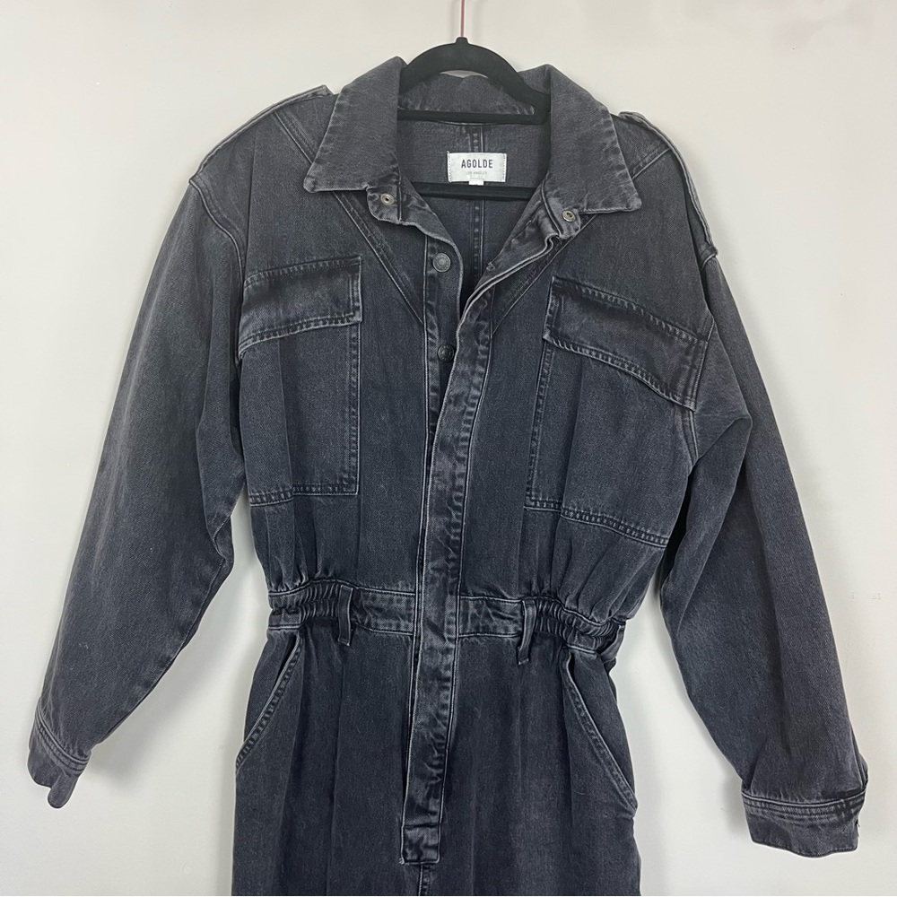 AGOLDE VIANKA DENIM UTILITY BUTTON UP JUMPSUIT LONG SLEEVE IN BLACK SIZE 10 - Picture 8 of 16